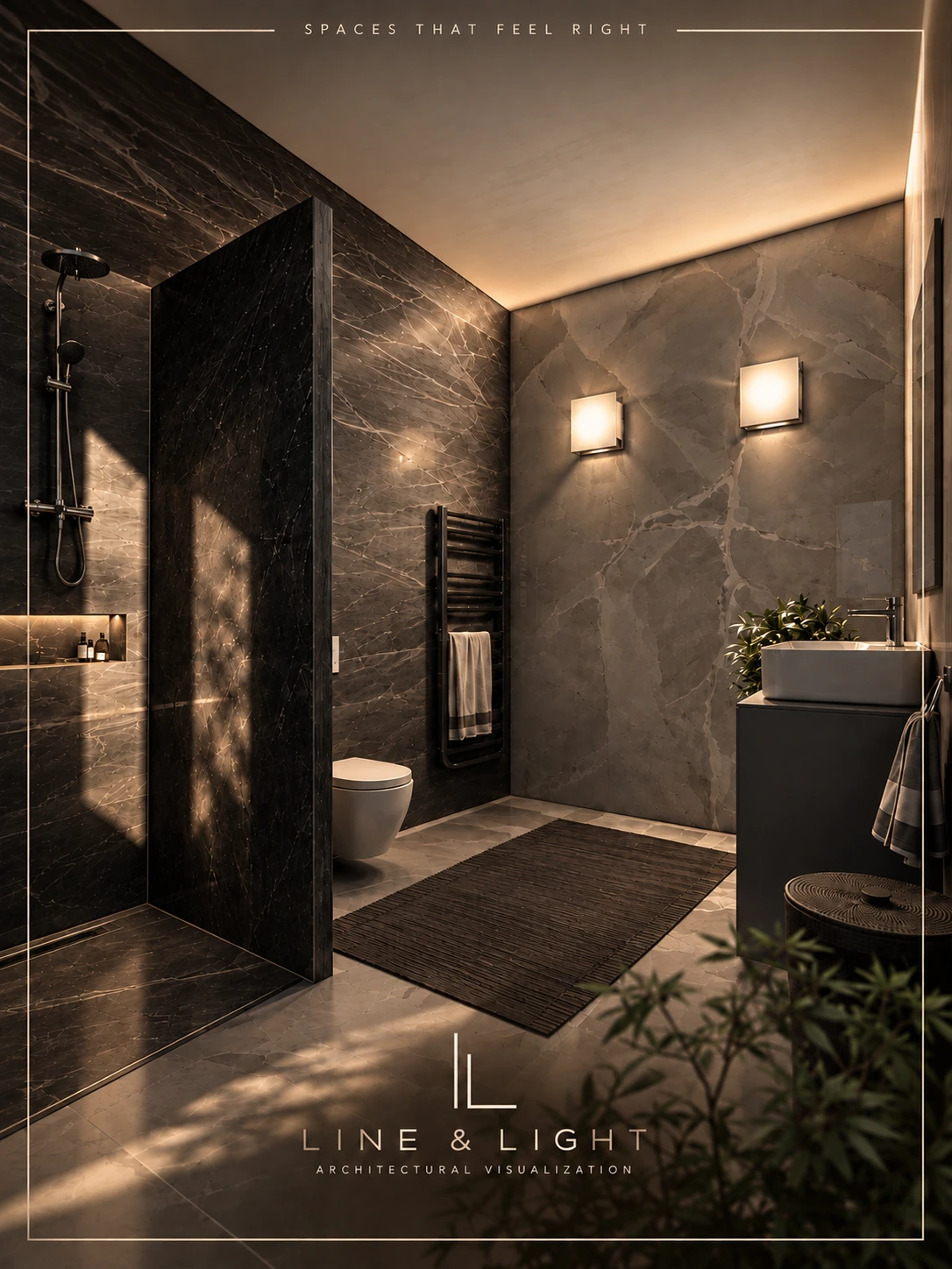 Stone bathroom with dramatic dark marble and soft golden lighting