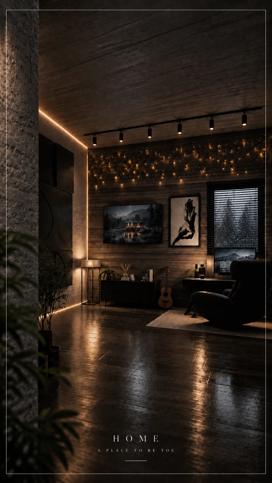 Intimate timber interior with amber accent lighting and a quiet reading corner