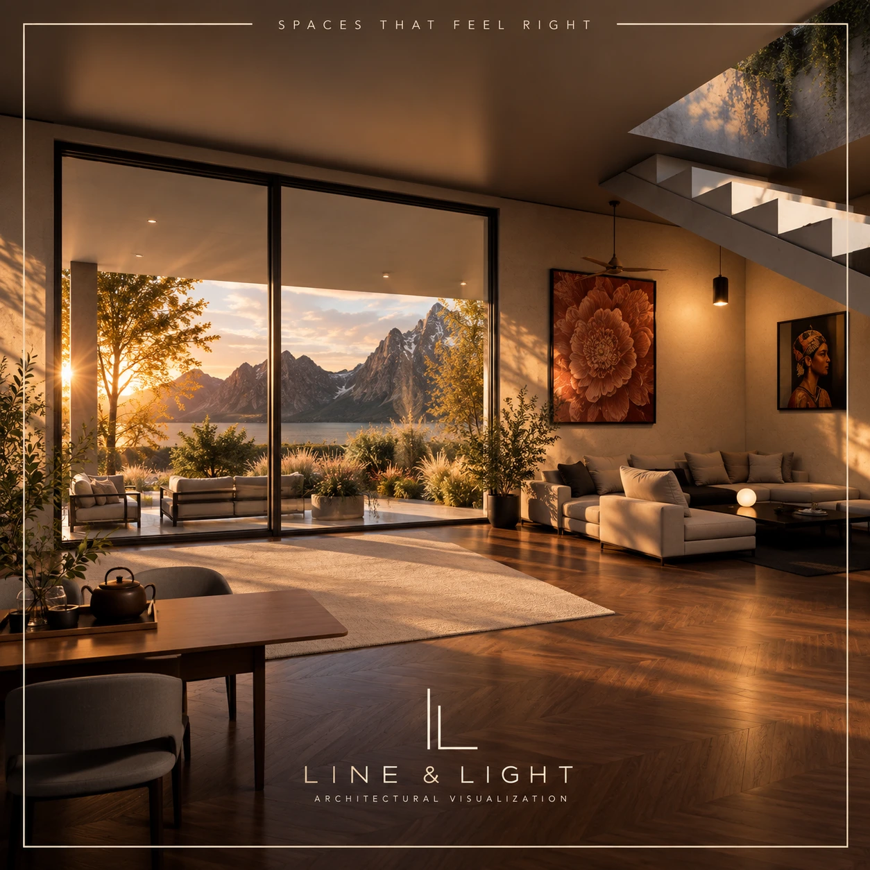 Complete visualization of a sunlit living room opening onto a mountain landscape