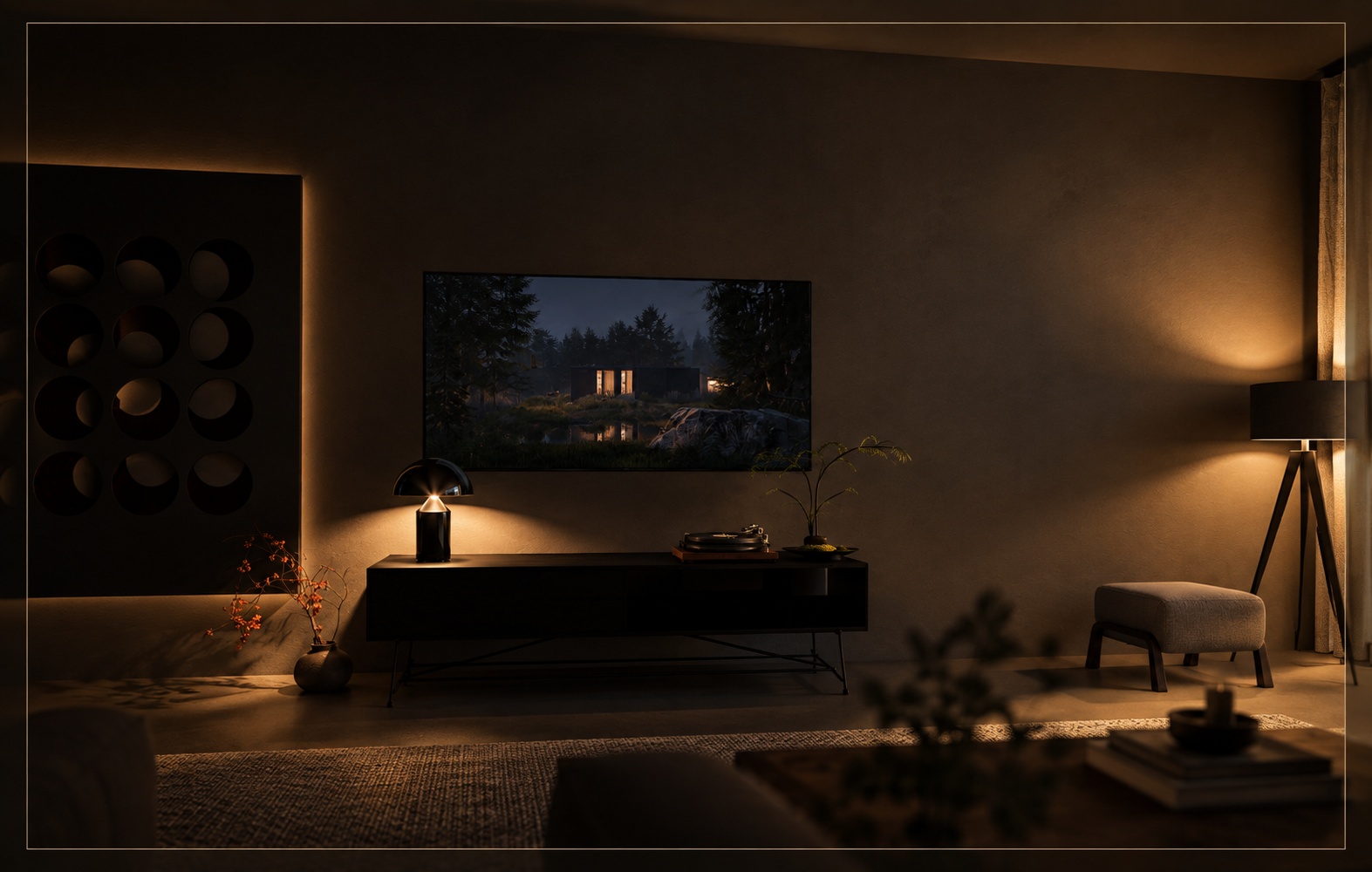 The complete Quiet Hour visualization: a warmly lit living room with textured walls and sculptural objects